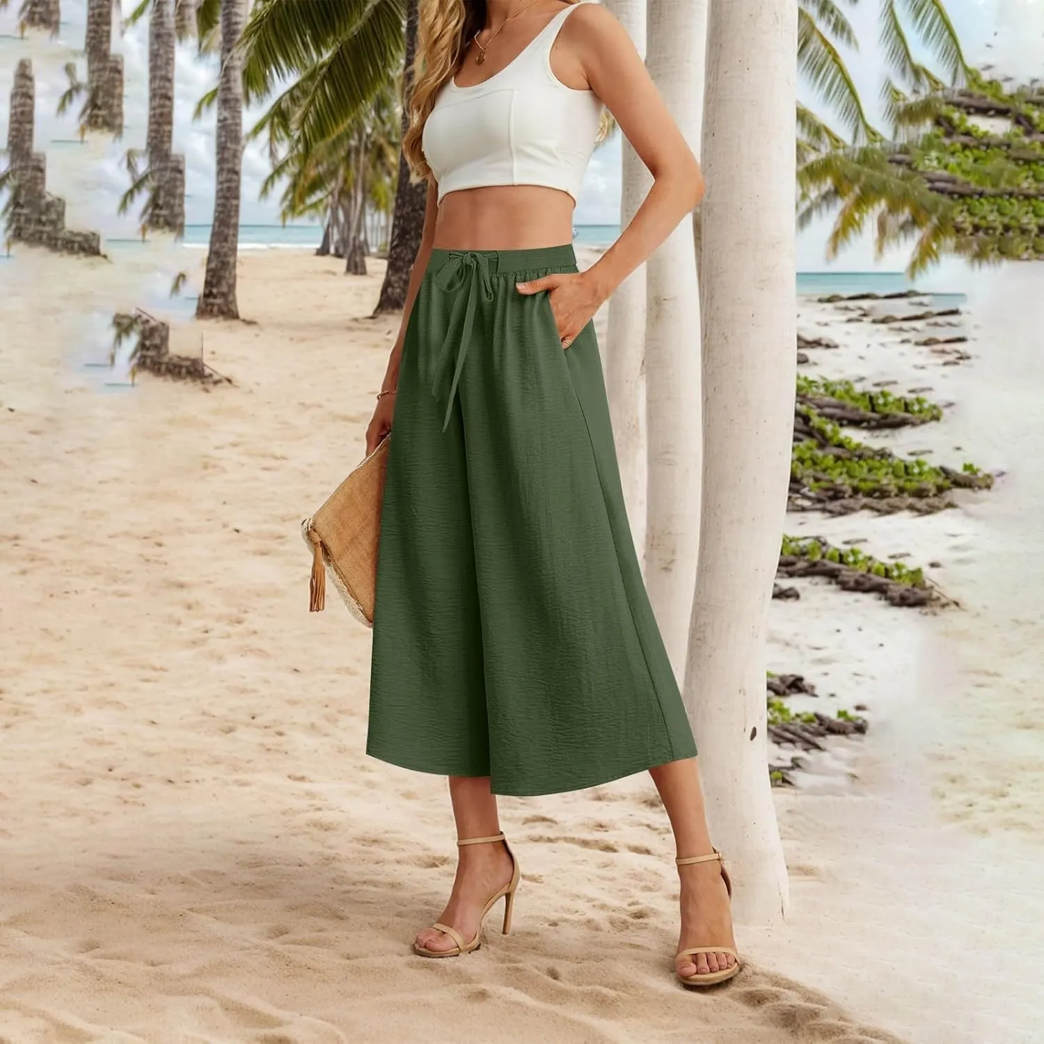 Womens Summer 3/4 Pants Flowy High Waisted Loose Casual Lounge Pant Wide Leg Palazzo Capris Adjustable Pockets S-XXL
