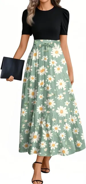 Women's Summer Short Sleeve Maxi Dress 2025 Casual Crewneck Pleated A Line Flowy Long Dresses