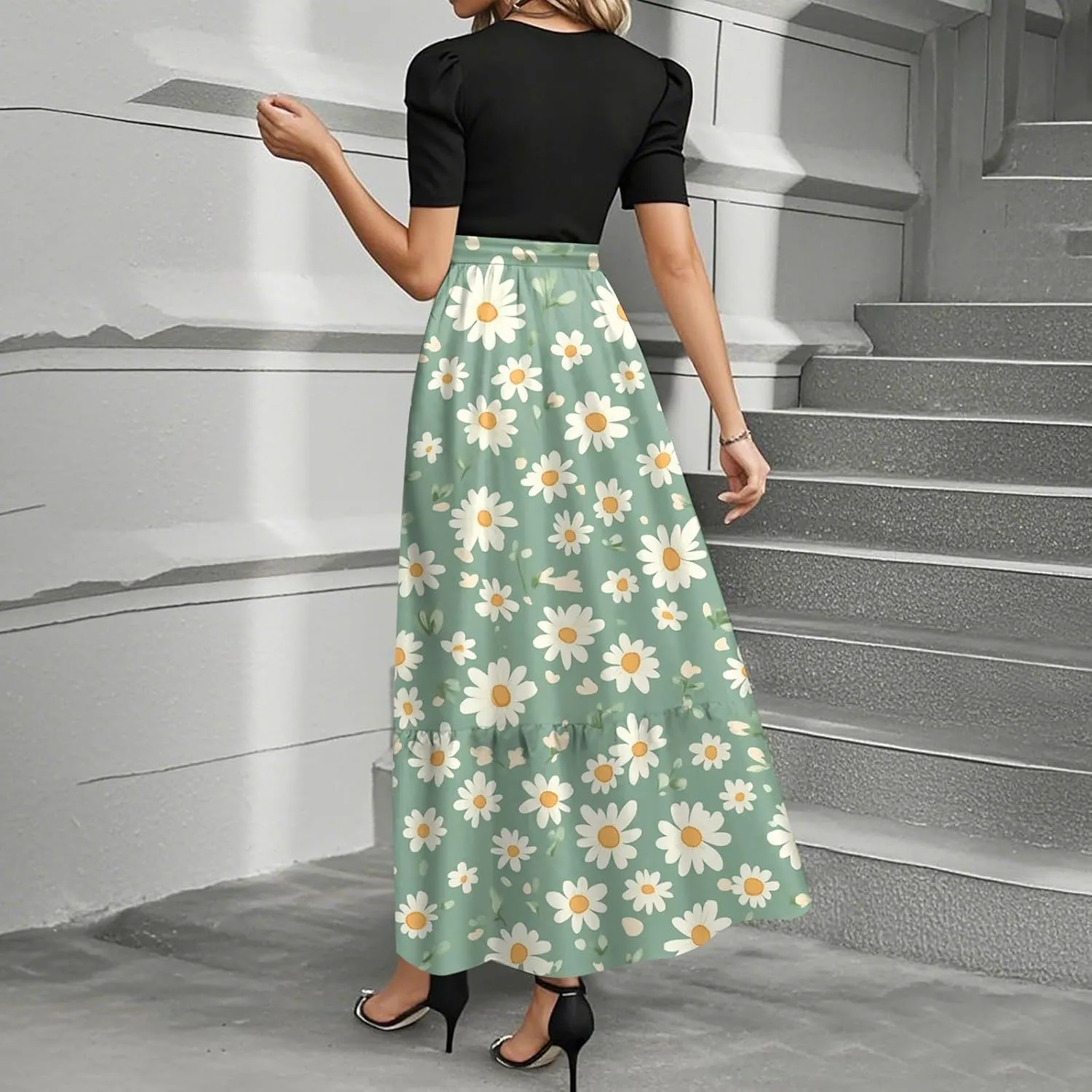 Women's Summer Short Sleeve Maxi Dress 2025 Casual Crewneck Pleated A Line Flowy Long Dresses