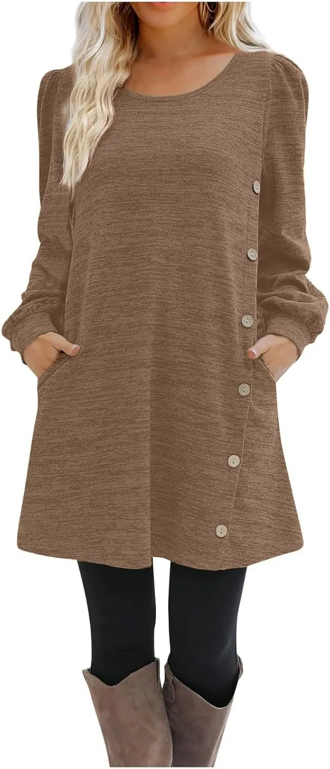Womens Sweater Dresses 2024 Trendy Crewneck Solid Color Button Long Sleeve Casual Loose Dress Fall Outfits with Pockets