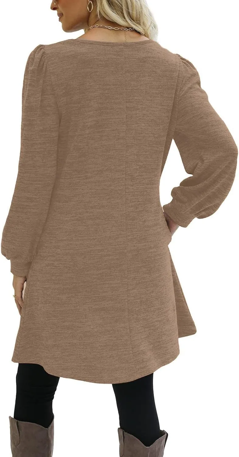 Womens Sweater Dresses 2024 Trendy Crewneck Solid Color Button Long Sleeve Casual Loose Dress Fall Outfits with Pockets