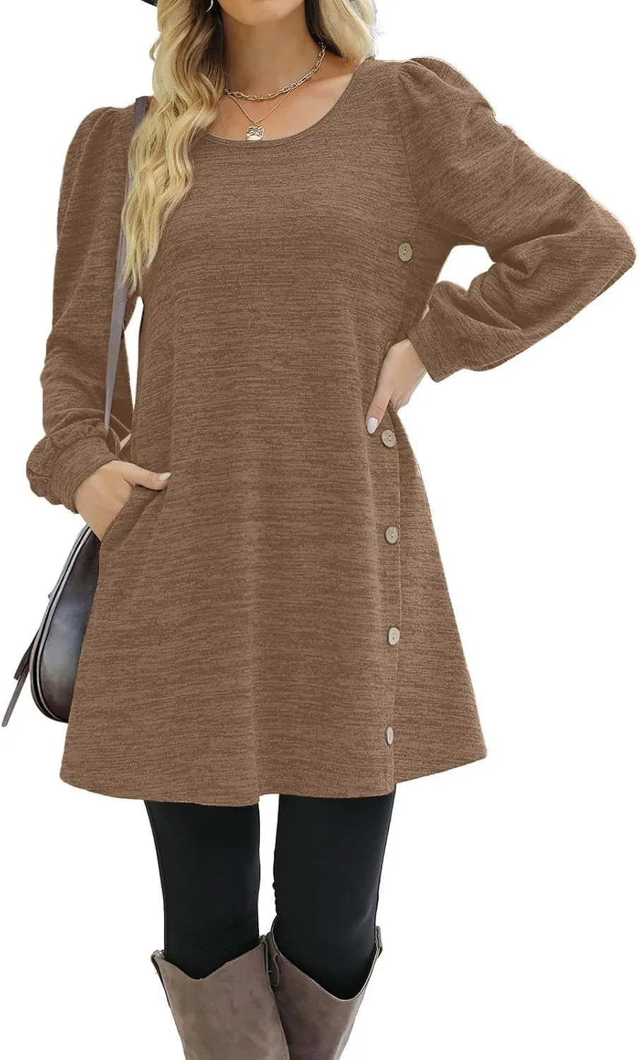 Womens Sweater Dresses 2024 Trendy Crewneck Solid Color Button Long Sleeve Casual Loose Dress Fall Outfits with Pockets