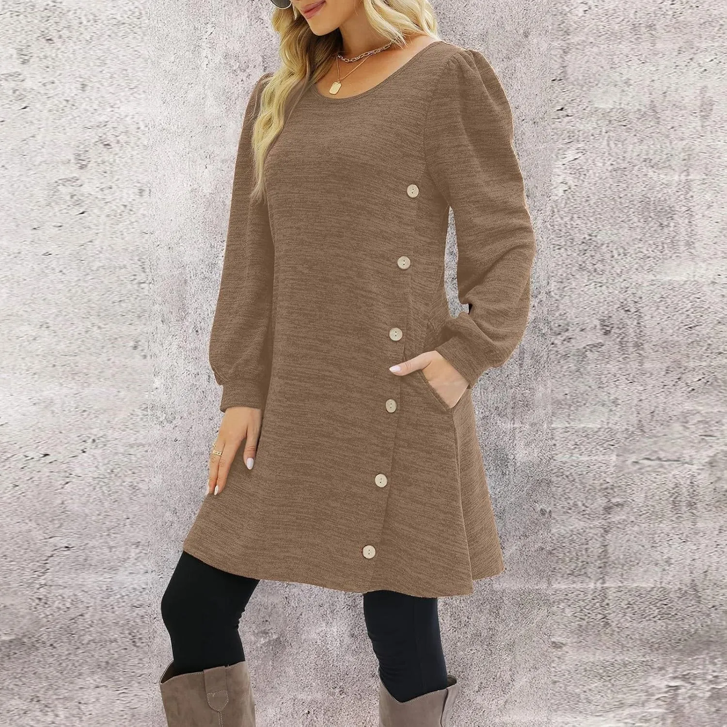 Womens Sweater Dresses 2024 Trendy Crewneck Solid Color Button Long Sleeve Casual Loose Dress Fall Outfits with Pockets