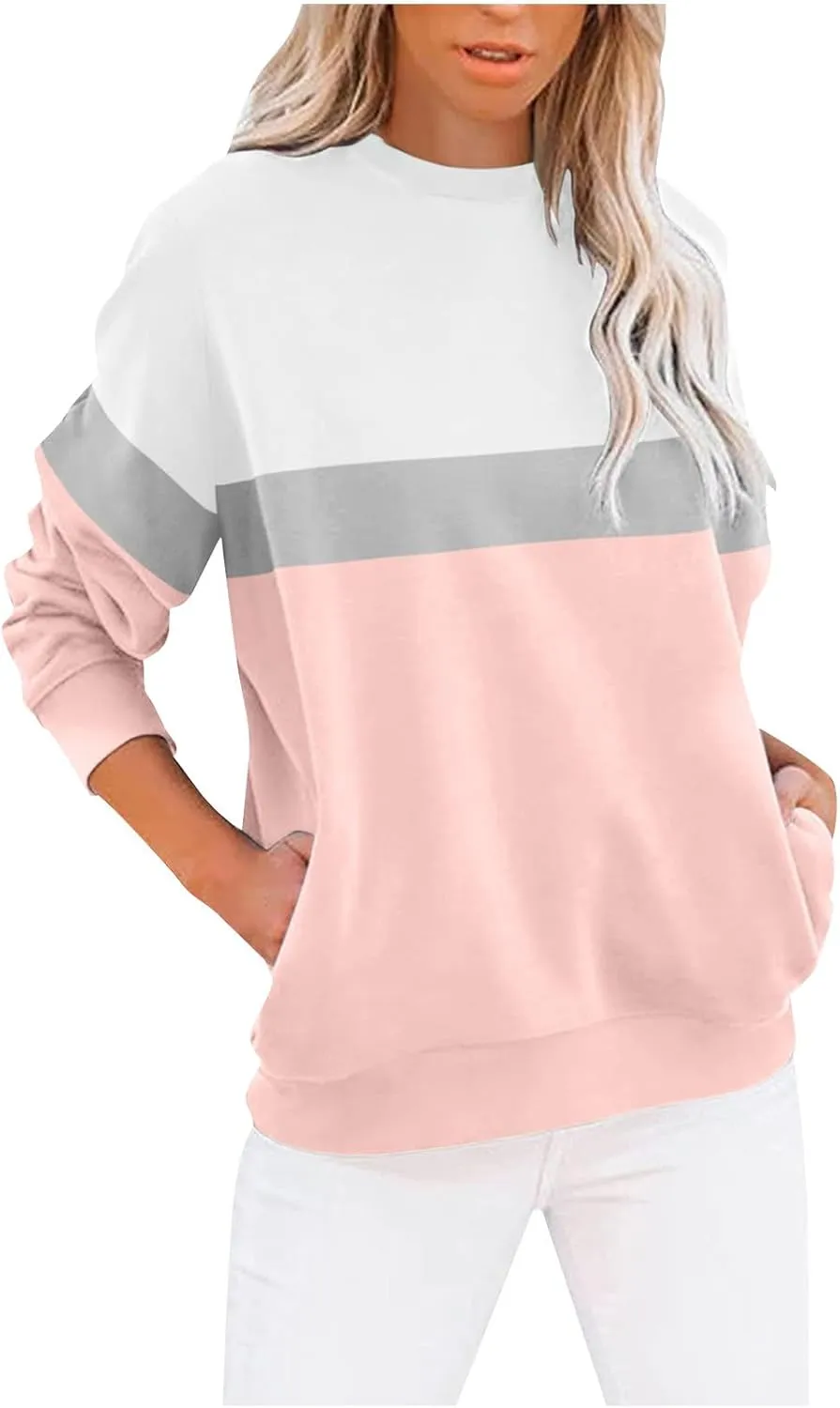 Womens Tops Long Sleeve 2024 Casual Crew Neck Solid Color Pullover Knit Cotton Plus Size Comfy Soft Outfits Teens