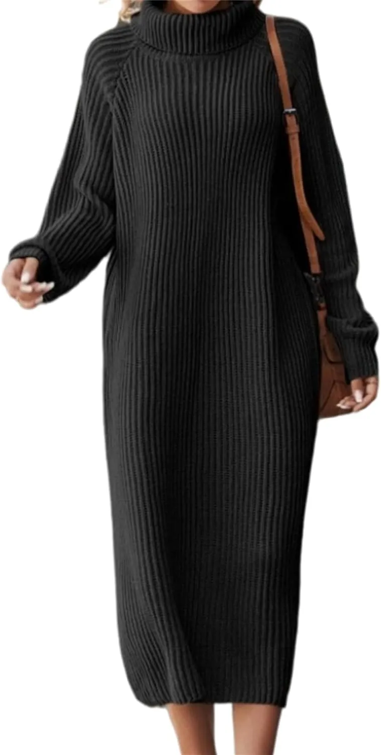 Women's Turtleneck Sweater Midi Dress Long Sleeve Ribbed Knit Maxi Pullover Sweater Dress Loose Fit Fall Knit Dress