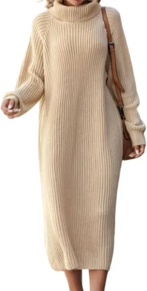 Women's Turtleneck Sweater Midi Dress Long Sleeve Ribbed Knit Maxi Pullover Sweater Dress Loose Fit Fall Knit Dress