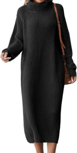 Women's Turtleneck Sweater Midi Dress Long Sleeve Ribbed Knit Maxi Pullover Sweater Dress Loose Fit Fall Knit Dress