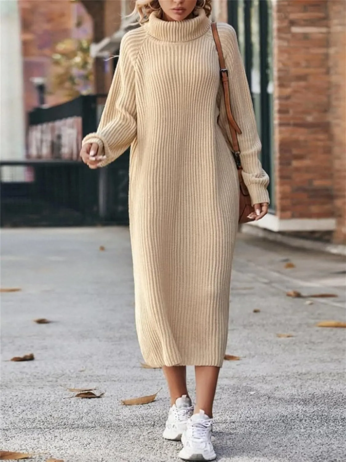 Women's Turtleneck Sweater Midi Dress Long Sleeve Ribbed Knit Maxi Pullover Sweater Dress Loose Fit Fall Knit Dress