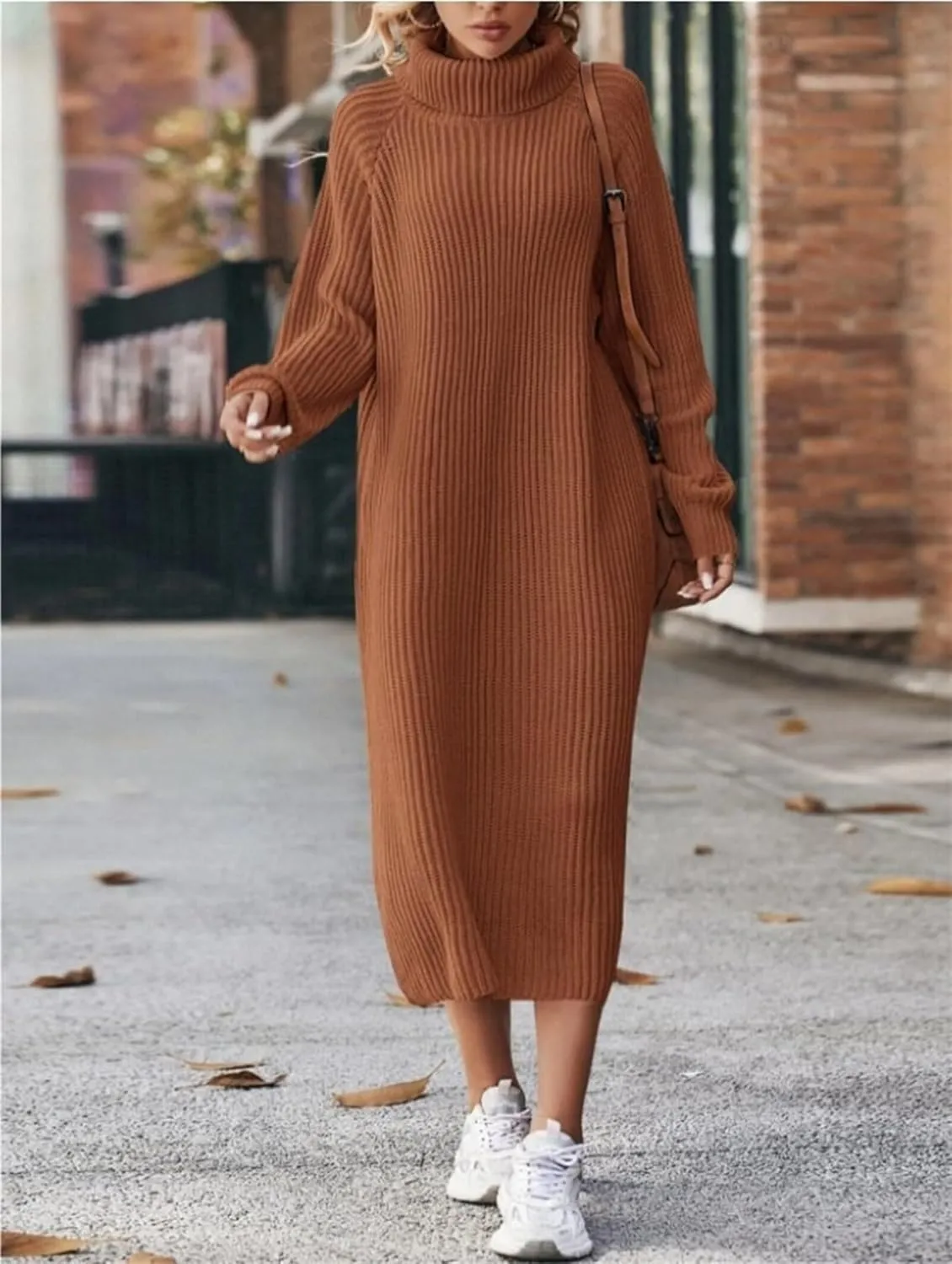 Women's Turtleneck Sweater Midi Dress Long Sleeve Ribbed Knit Maxi Pullover Sweater Dress Loose Fit Fall Knit Dress