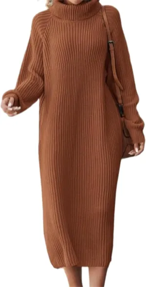 Women's Turtleneck Sweater Midi Dress Long Sleeve Ribbed Knit Maxi Pullover Sweater Dress Loose Fit Fall Knit Dress