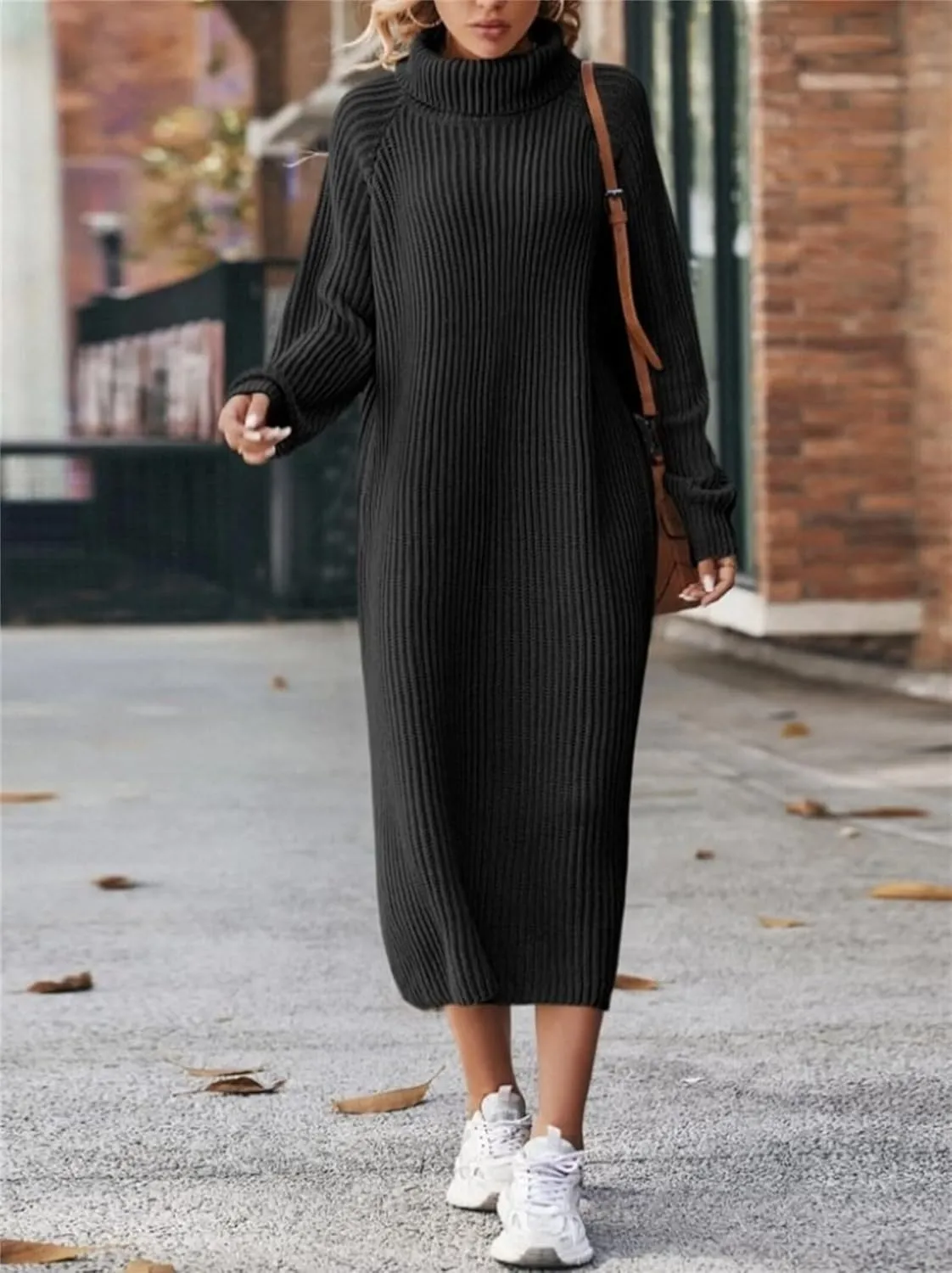 Women's Turtleneck Sweater Midi Dress Long Sleeve Ribbed Knit Maxi Pullover Sweater Dress Loose Fit Fall Knit Dress