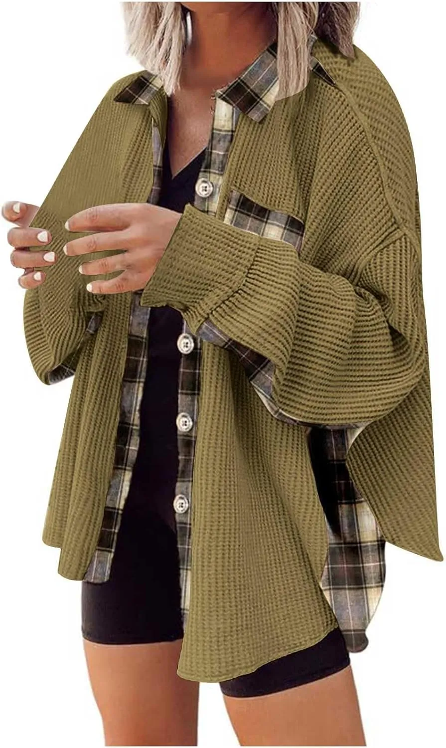 Womens Waffle Knit Shacket Boyfriend Button Down Shirt Jacket Loose Long Sleeve Tops Fall Fashion y2k Clothes