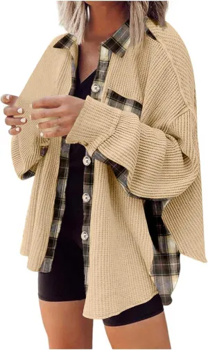 Womens Waffle Knit Shacket Boyfriend Button Down Shirt Jacket Loose Long Sleeve Tops Fall Fashion y2k Clothes