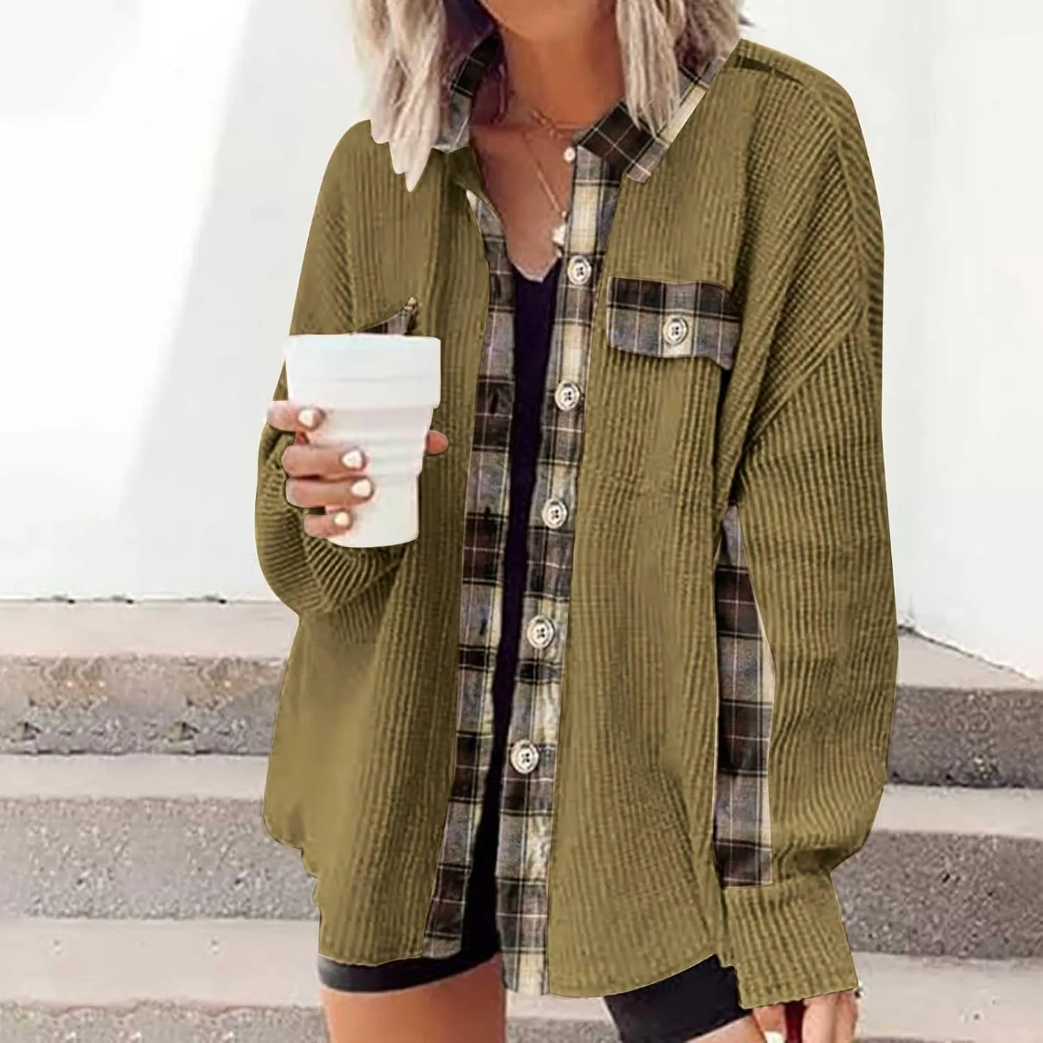 Womens Waffle Knit Shacket Boyfriend Button Down Shirt Jacket Loose Long Sleeve Tops Fall Fashion y2k Clothes