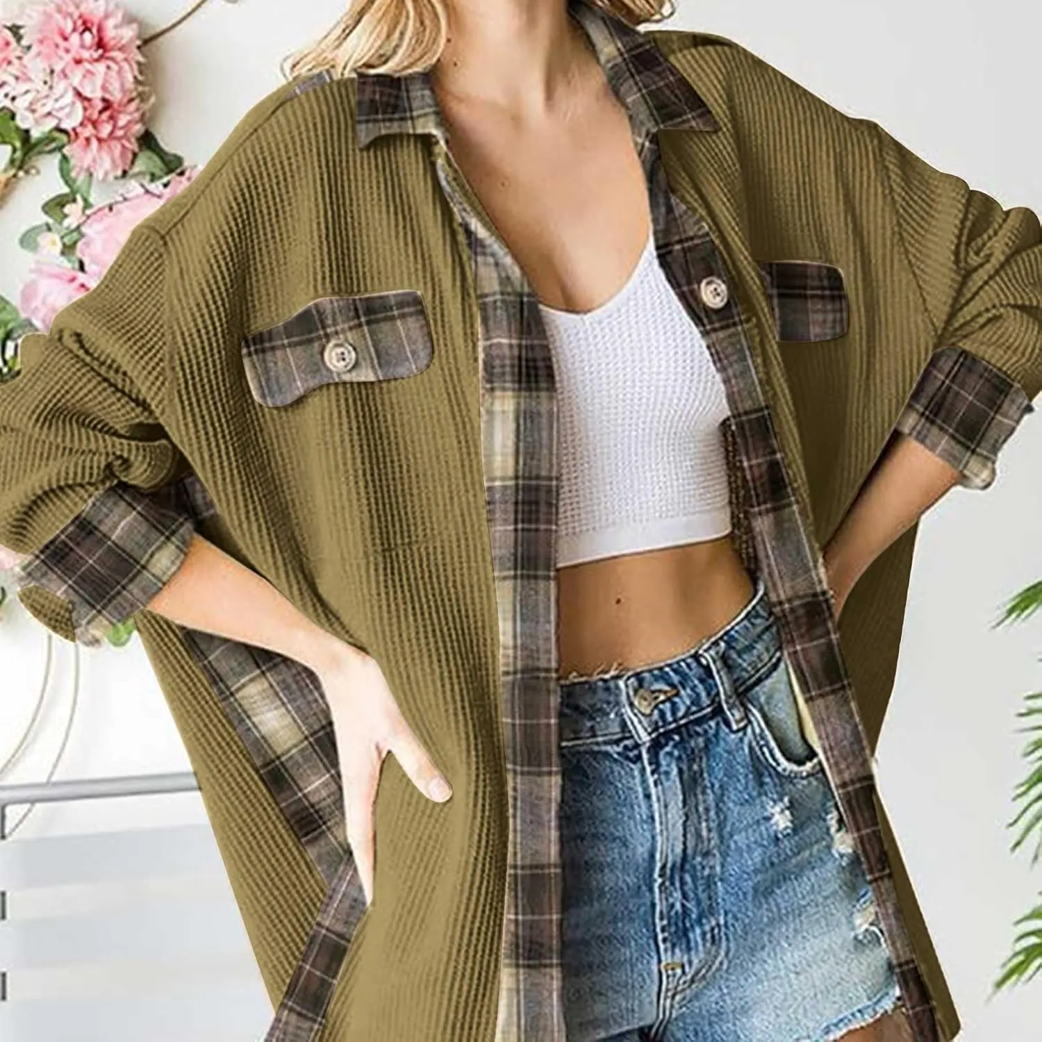 Womens Waffle Knit Shacket Boyfriend Button Down Shirt Jacket Loose Long Sleeve Tops Fall Fashion y2k Clothes