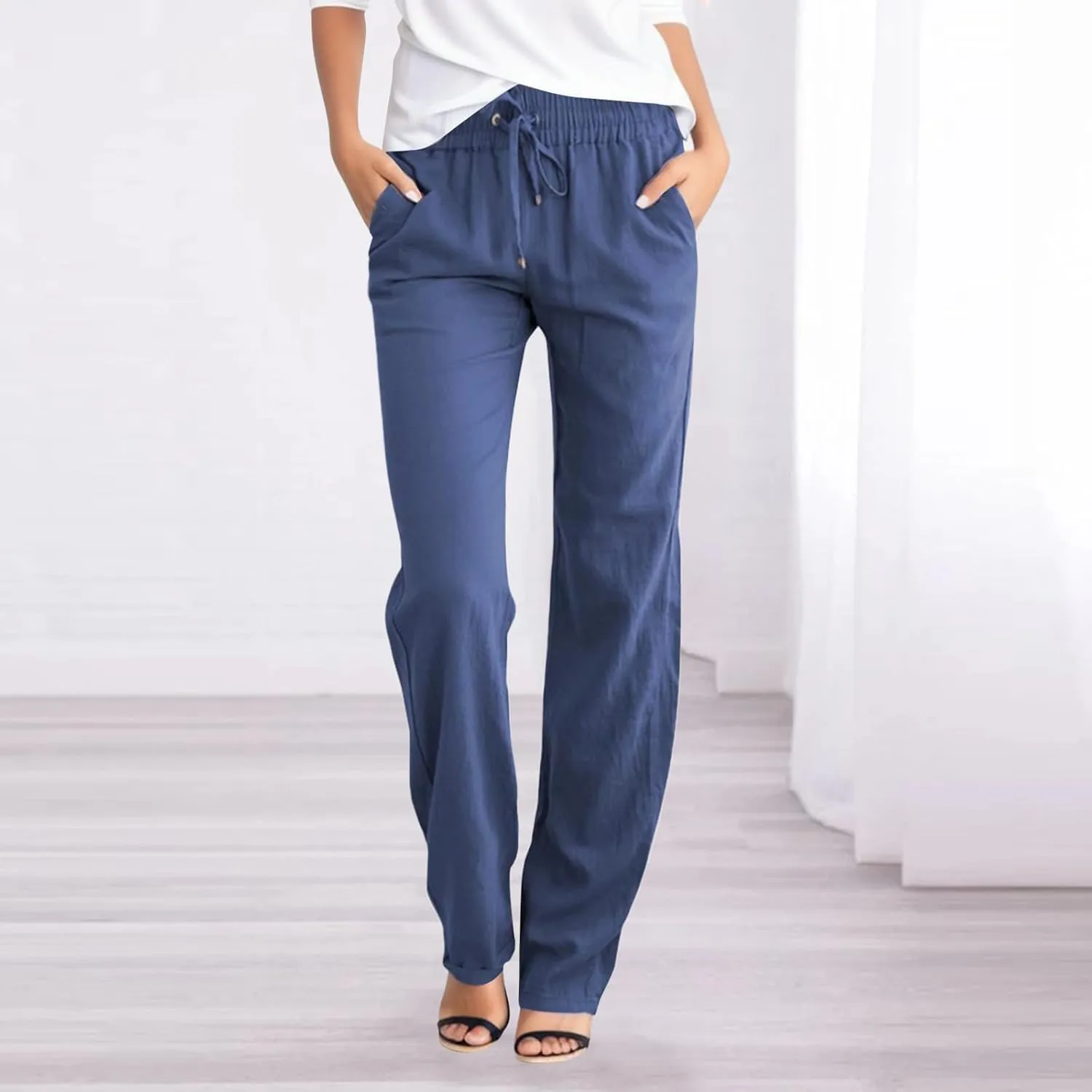 Womens Wide Leg Sweatpants Winter Silk Beach Leggings with Pockets Solid Color Elastic Waist
