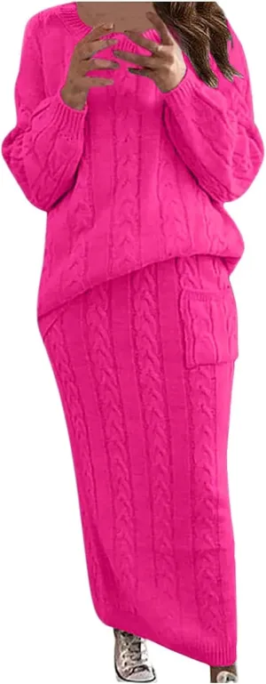 Women's Winter Chunky Cable Cable Knit Long Pencil Skirt 2 Piece Outfits Sweater Skirt Set Oversized Pullover Sweater Sets