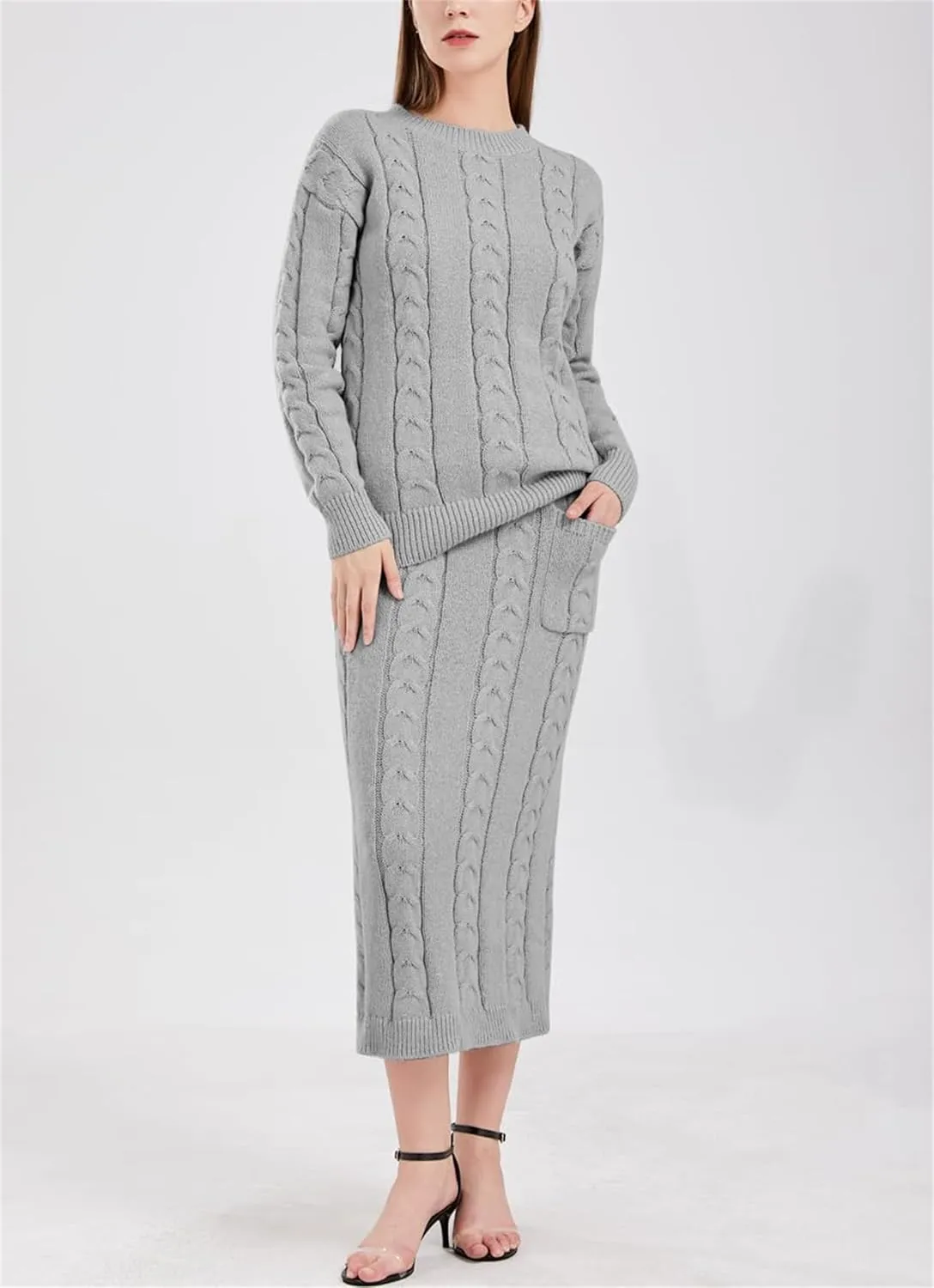 Women's Winter Chunky Cable Cable Knit Long Pencil Skirt 2 Piece Outfits Sweater Skirt Set Oversized Pullover Sweater Sets