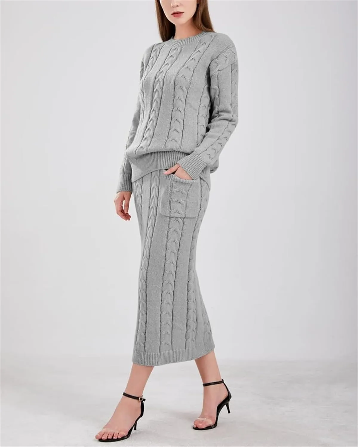 Women's Winter Chunky Cable Cable Knit Long Pencil Skirt 2 Piece Outfits Sweater Skirt Set Oversized Pullover Sweater Sets