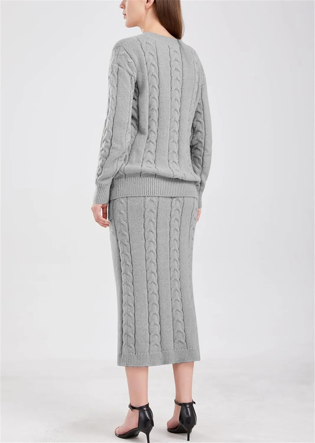 Women's Winter Chunky Cable Cable Knit Long Pencil Skirt 2 Piece Outfits Sweater Skirt Set Oversized Pullover Sweater Sets