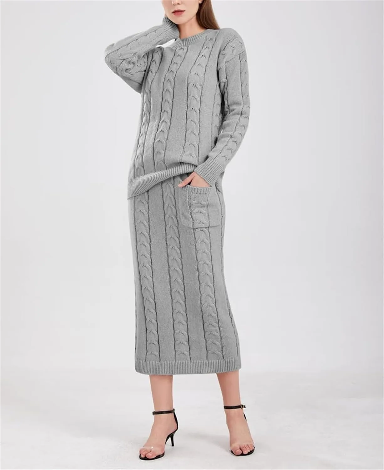 Women's Winter Chunky Cable Cable Knit Long Pencil Skirt 2 Piece Outfits Sweater Skirt Set Oversized Pullover Sweater Sets
