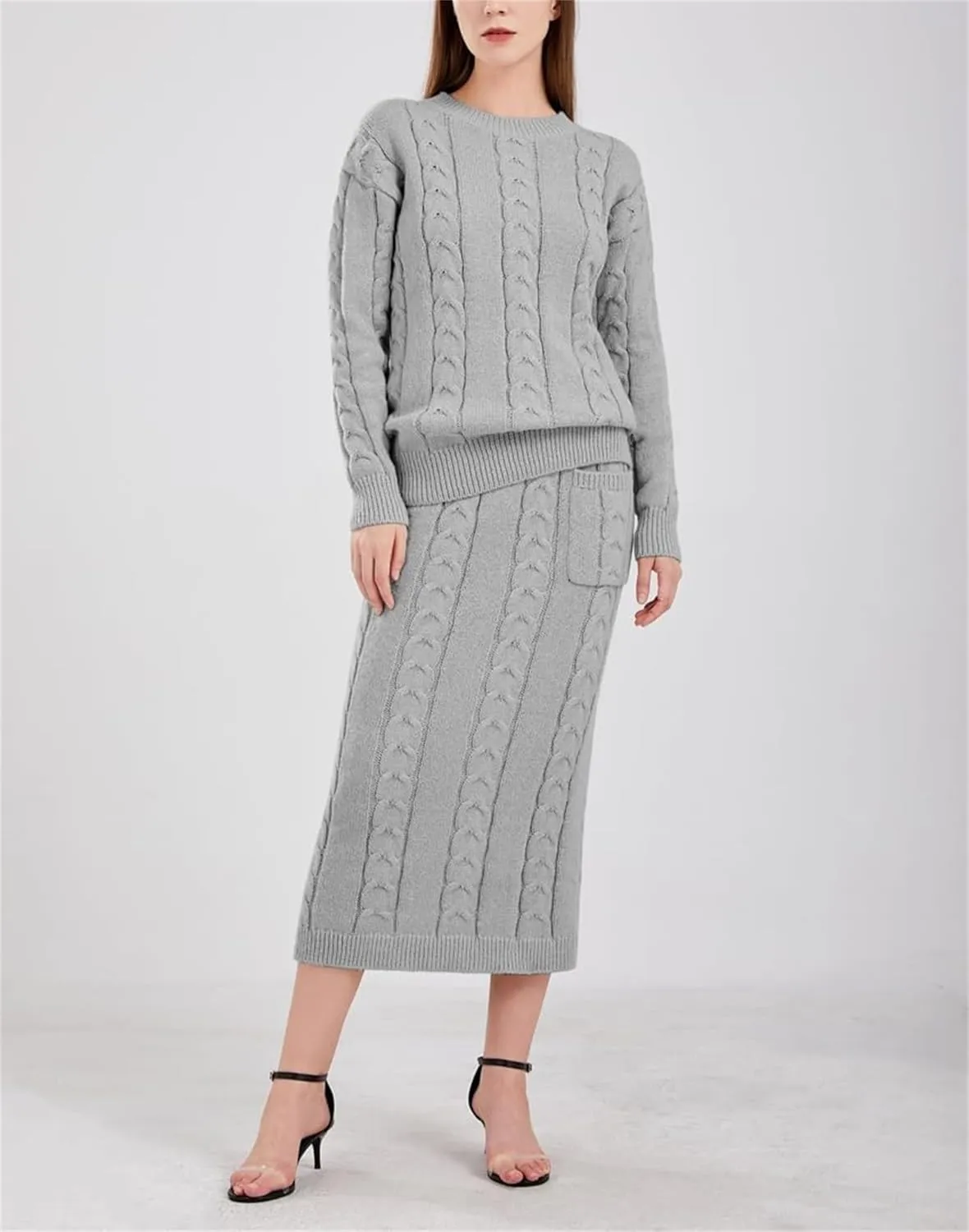 Women's Winter Chunky Cable Cable Knit Long Pencil Skirt 2 Piece Outfits Sweater Skirt Set Oversized Pullover Sweater Sets