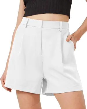 XinYangNi Casual Elastic High Waisted Tailored Work Business Pleated Wide Leg Dressy Shorts with 2 Pockets for Women
