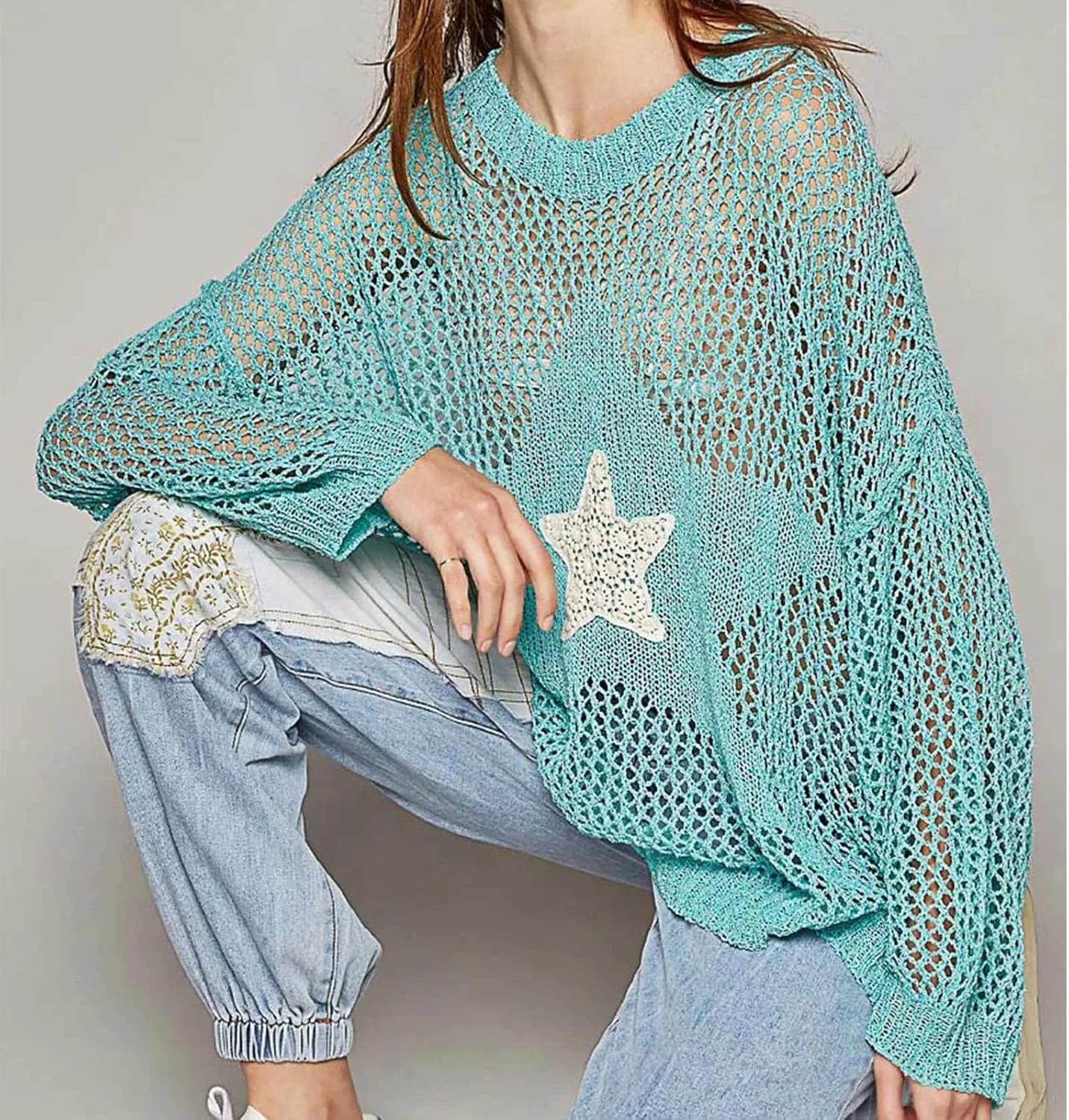 Yoawdats Womens American Flag Crochet Sweater Lightweight Long Sleeve Hollow Out Knitted Hoodie Loose Pullover Sweaters