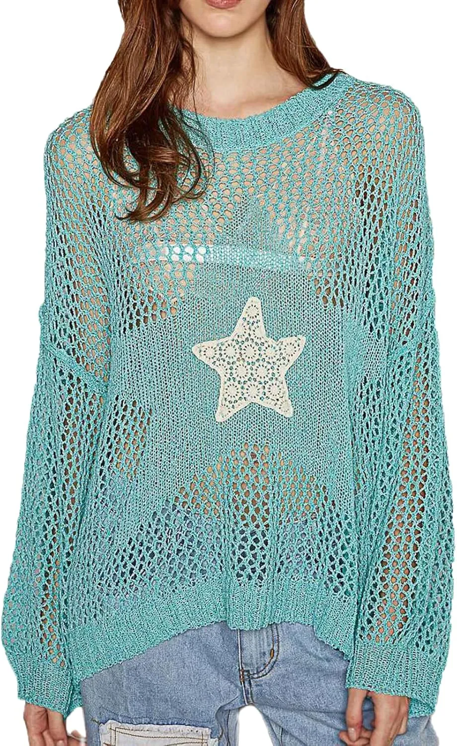 Yoawdats Womens American Flag Crochet Sweater Lightweight Long Sleeve Hollow Out Knitted Hoodie Loose Pullover Sweaters