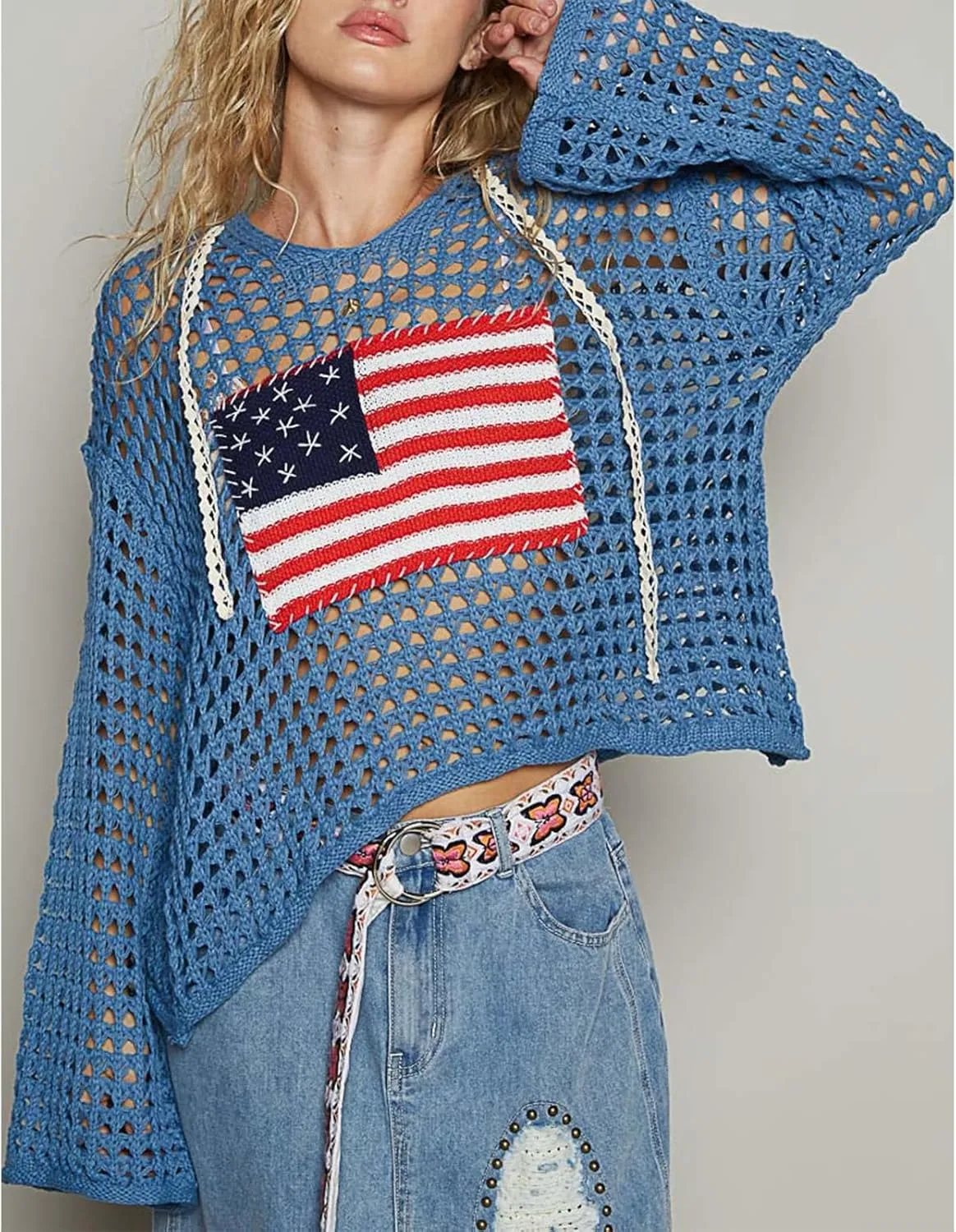 Yoawdats Womens American Flag Crochet Sweater Lightweight Long Sleeve Hollow Out Knitted Hoodie Loose Pullover Sweaters
