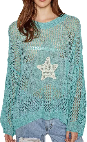 Yoawdats Womens American Flag Crochet Sweater Lightweight Long Sleeve Hollow Out Knitted Hoodie Loose Pullover Sweaters
