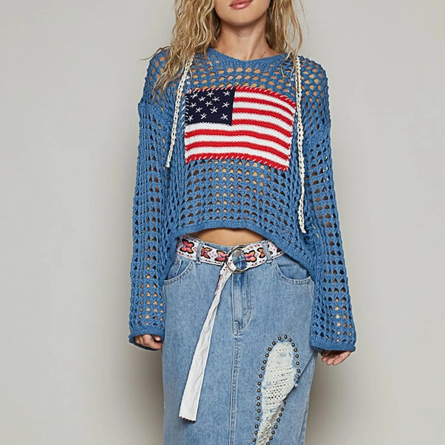 Yoawdats Womens American Flag Crochet Sweater Lightweight Long Sleeve Hollow Out Knitted Hoodie Loose Pullover Sweaters