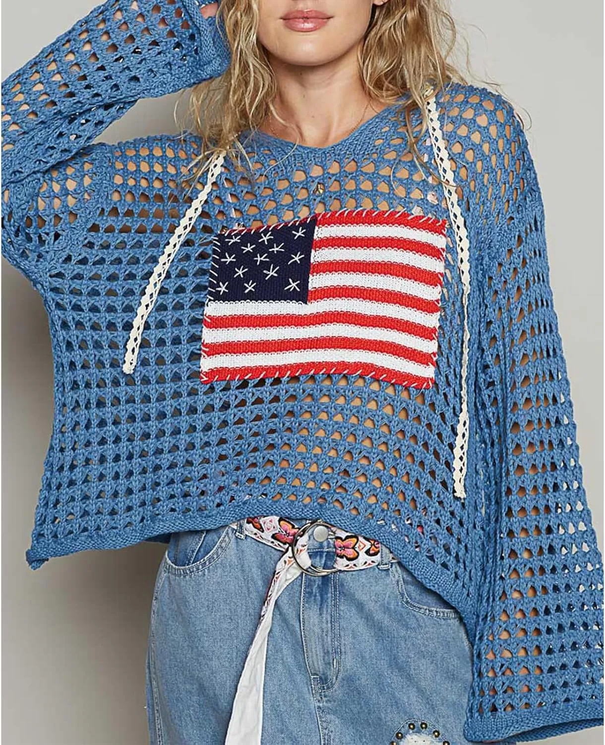 Yoawdats Womens American Flag Crochet Sweater Lightweight Long Sleeve Hollow Out Knitted Hoodie Loose Pullover Sweaters