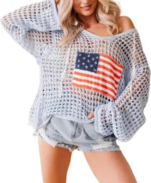 Yoawdats Womens American Flag Crochet Sweater Lightweight Long Sleeve Hollow Out Knitted Hoodie Loose Pullover Sweaters