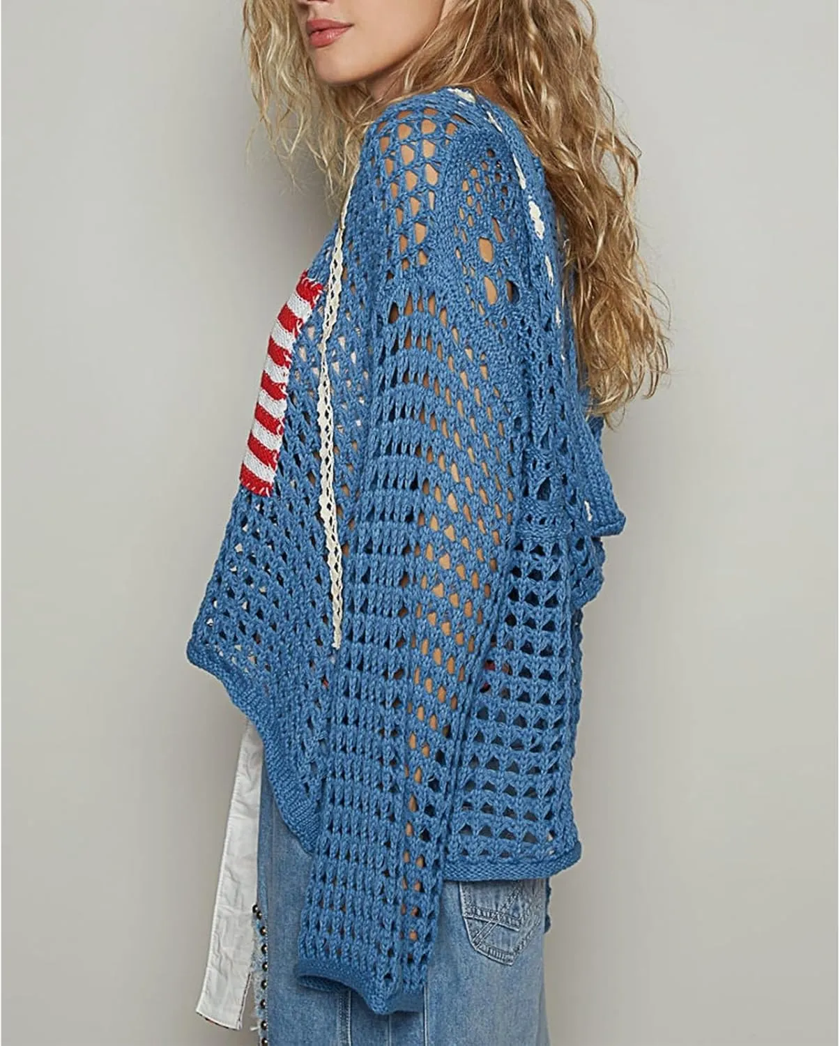 Yoawdats Womens American Flag Crochet Sweater Lightweight Long Sleeve Hollow Out Knitted Hoodie Loose Pullover Sweaters