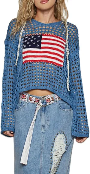 Yoawdats Womens American Flag Crochet Sweater Lightweight Long Sleeve Hollow Out Knitted Hoodie Loose Pullover Sweaters
