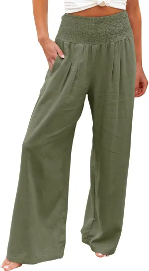 YOLAI Cotton Linen Palazzo Pants for Women Smocked High Elastic Waist Loose Trousers Comfy Wide Leg Pants with Pockets (Army Green, XL)