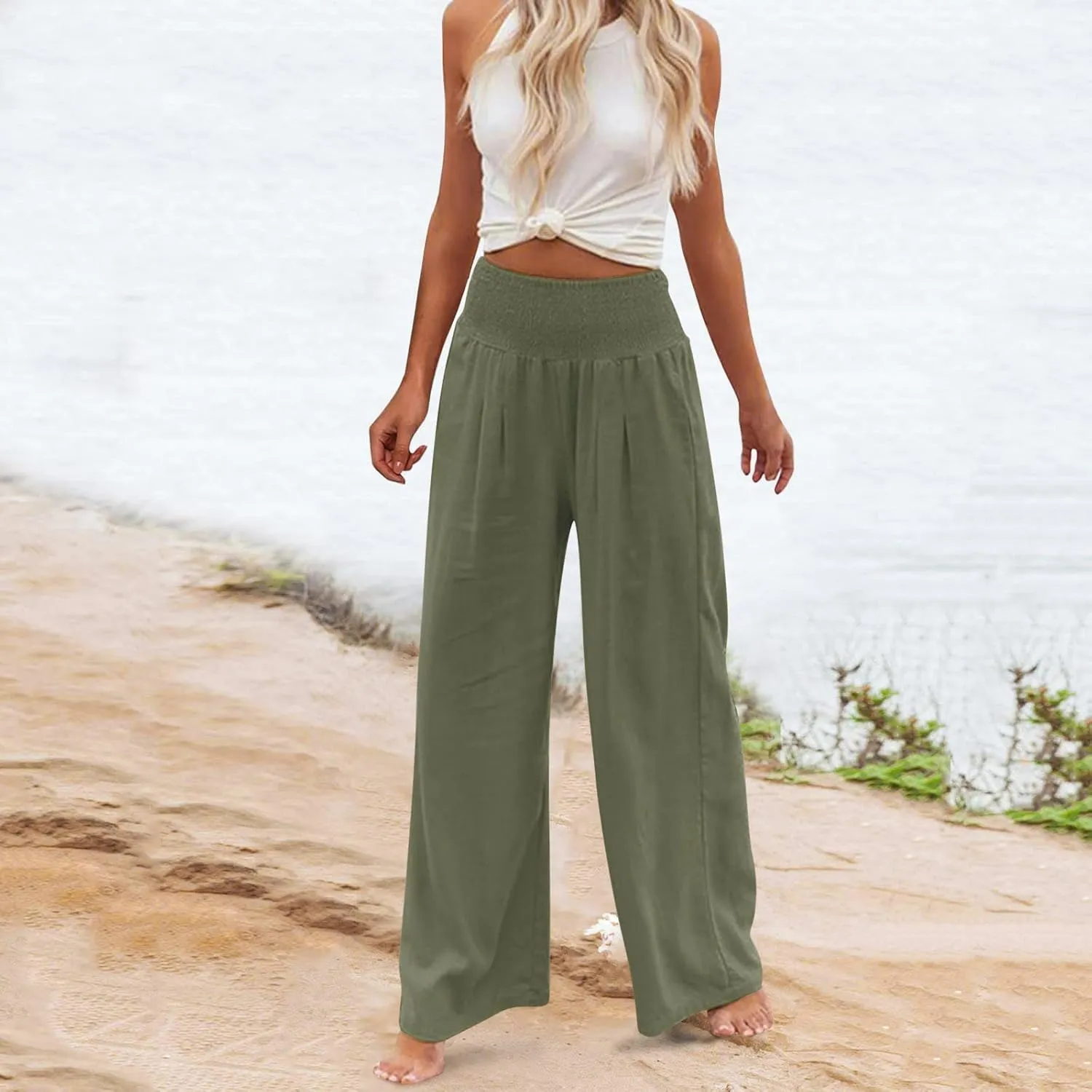 YOLAI Cotton Linen Palazzo Pants for Women Smocked High Elastic Waist Loose Trousers Comfy Wide Leg Pants with Pockets (Army Green, XL)