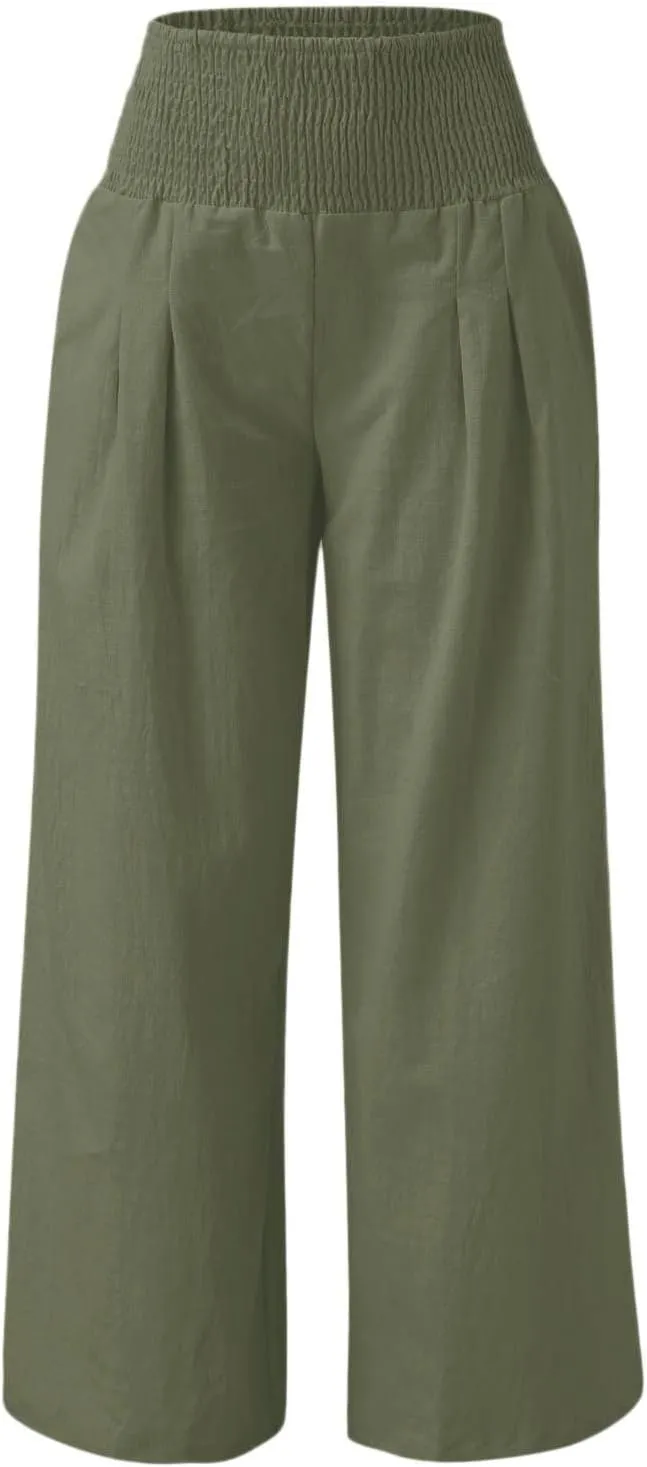 YOLAI Cotton Linen Palazzo Pants for Women Smocked High Elastic Waist Loose Trousers Comfy Wide Leg Pants with Pockets (Army Green, XL)