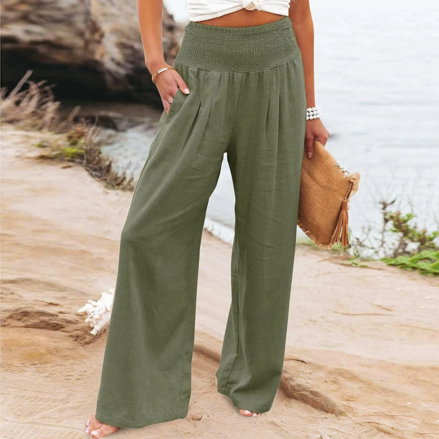 YOLAI Cotton Linen Palazzo Pants for Women Smocked High Elastic Waist Loose Trousers Comfy Wide Leg Pants with Pockets (Army Green, XL)