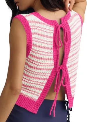 Yousify Womens Crochet Chunky Knit Tops Striped Sweater Vest Sleeveless Sweater Cardigan Bow Tie Open Front Tank Tops