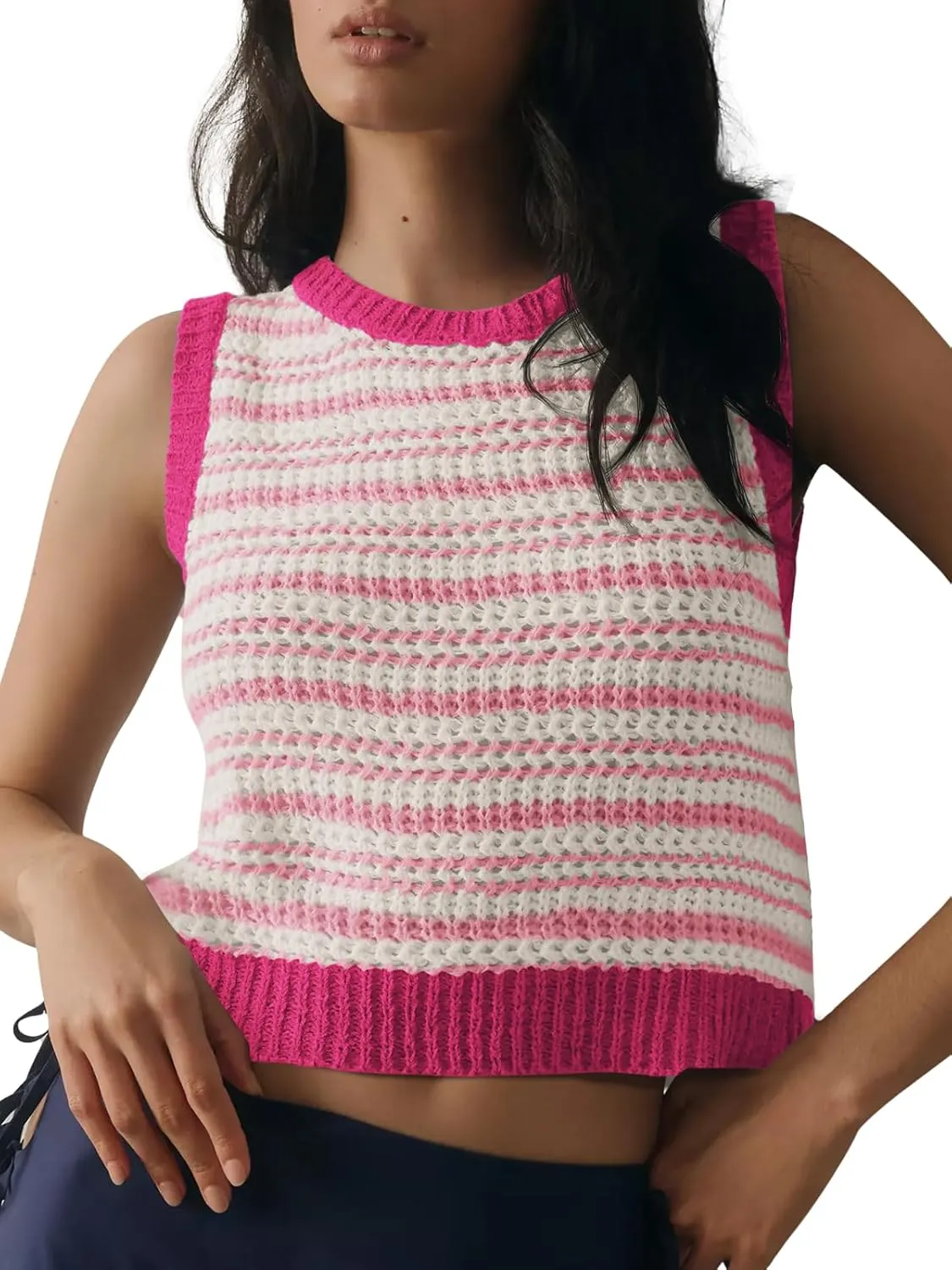 Yousify Womens Crochet Chunky Knit Tops Striped Sweater Vest Sleeveless Sweater Cardigan Bow Tie Open Front Tank Tops