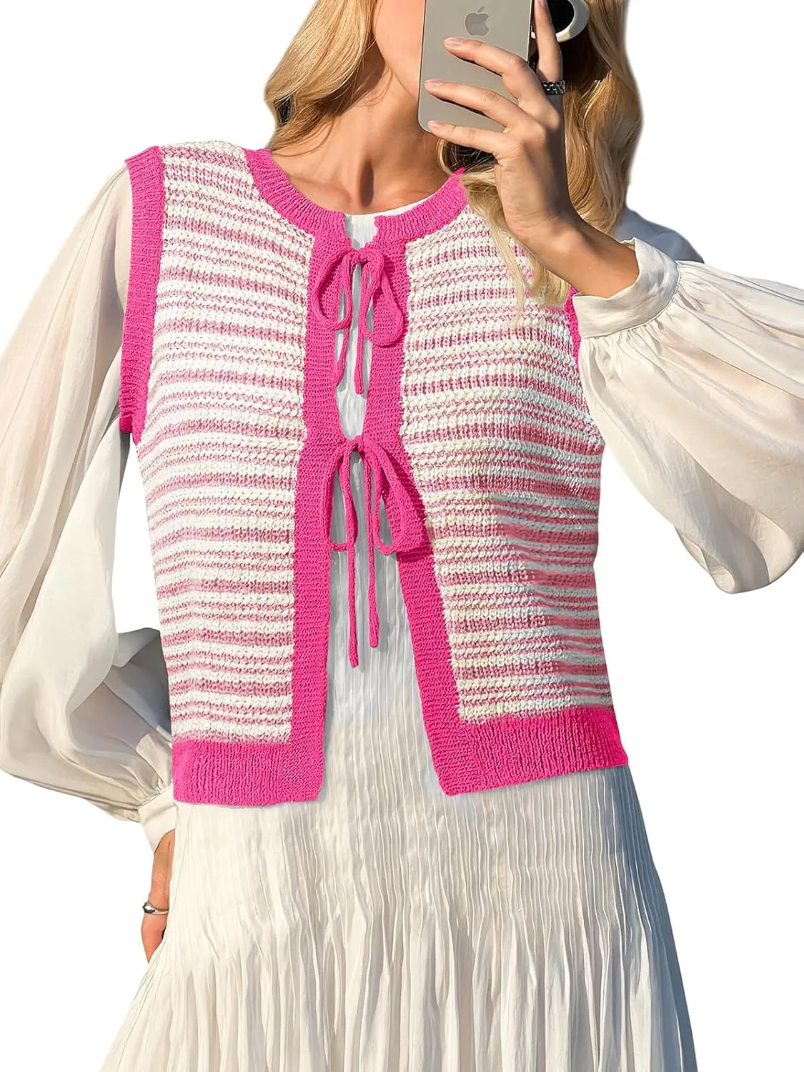 Yousify Womens Crochet Chunky Knit Tops Striped Sweater Vest Sleeveless Sweater Cardigan Bow Tie Open Front Tank Tops