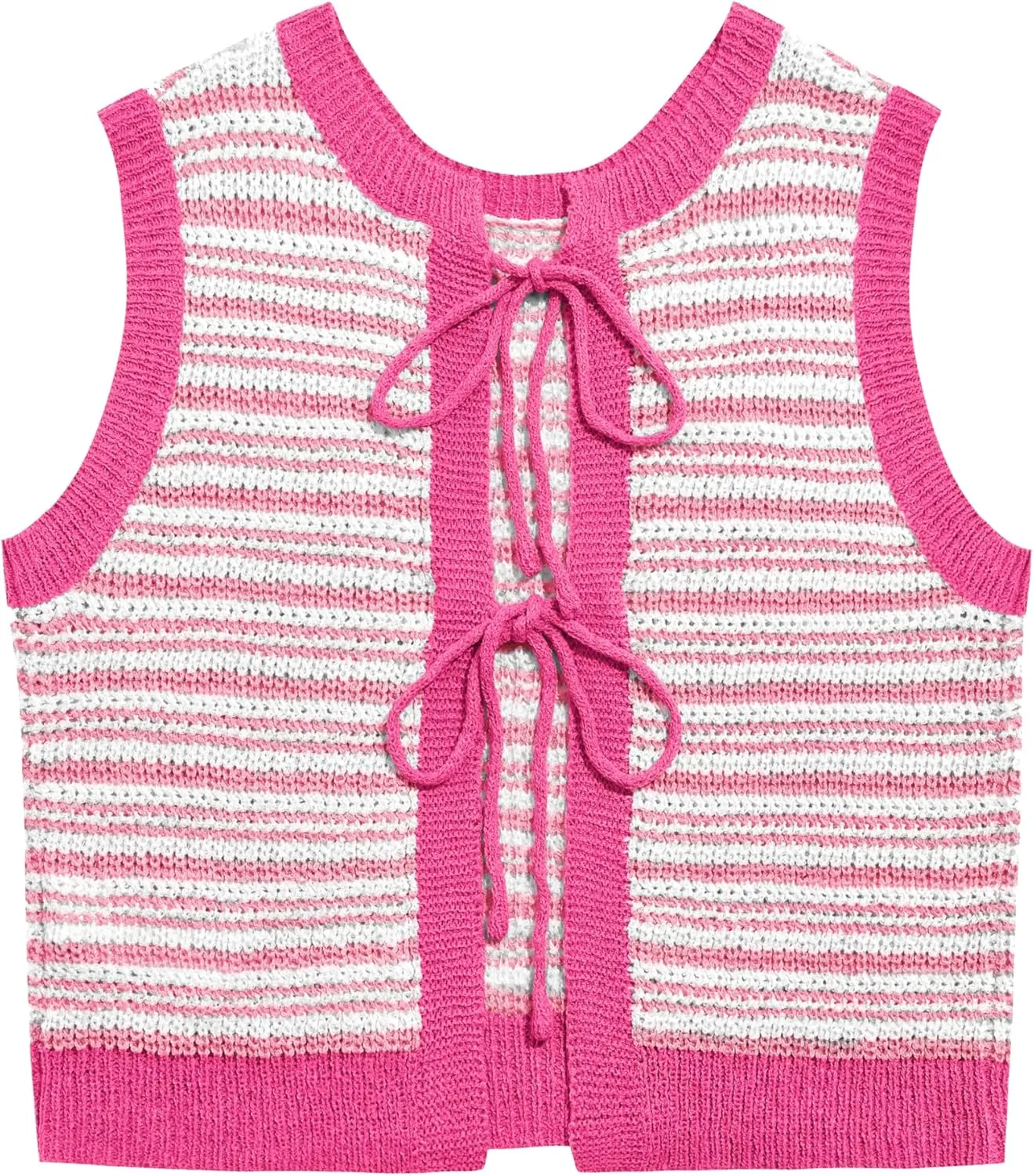 Yousify Womens Crochet Chunky Knit Tops Striped Sweater Vest Sleeveless Sweater Cardigan Bow Tie Open Front Tank Tops