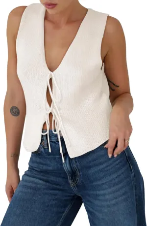 Yousify Womens Sweater Vests Tie Front Knit Vest Summer Ribbed Tank Tops Y2k Cute Vests Fashion Casual Sleeveless Tops