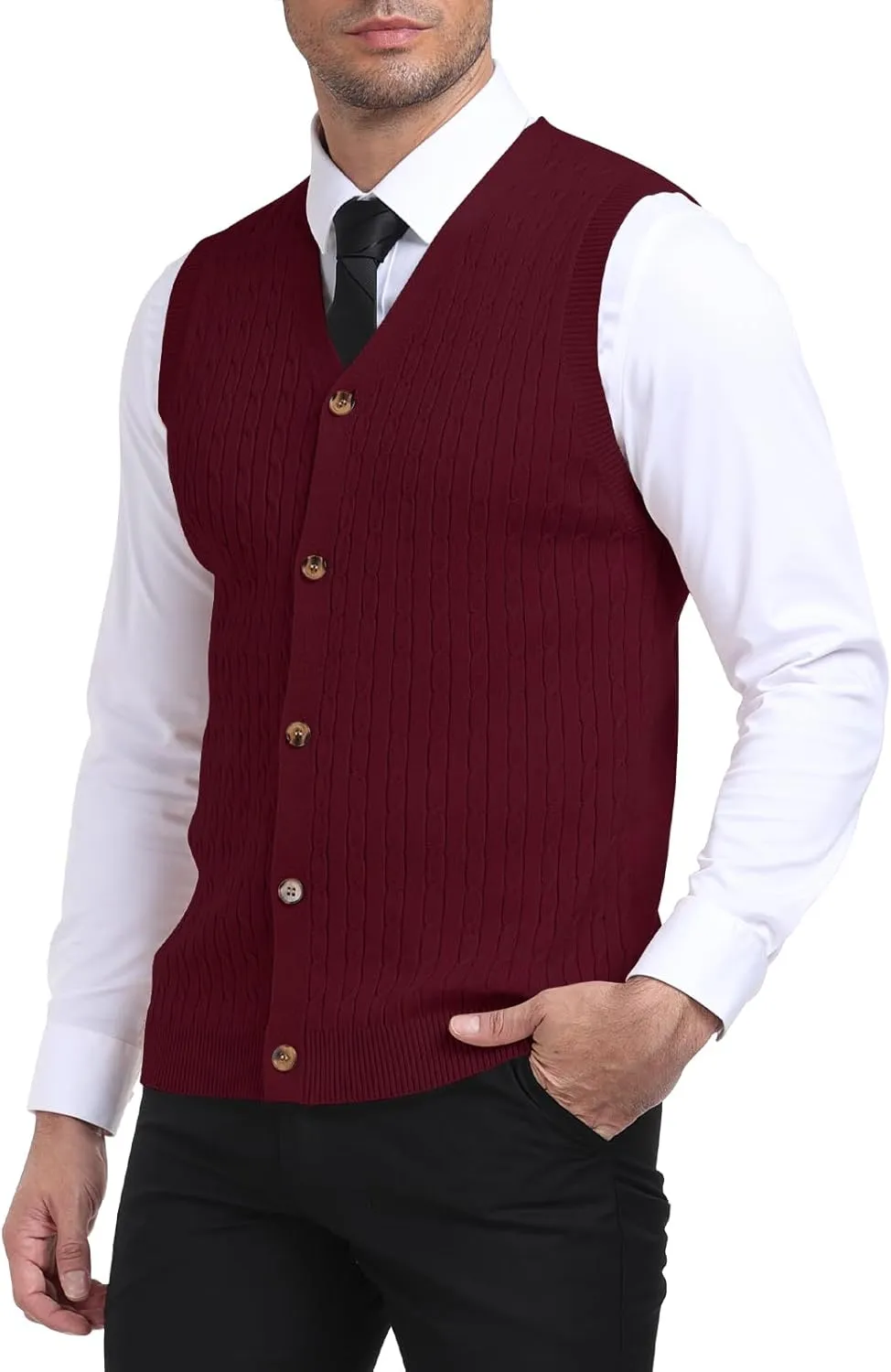 YTD Men's Sleeveless Sweater Vest V-Neck Casual Cable Knit Button Down Cardigan Vest