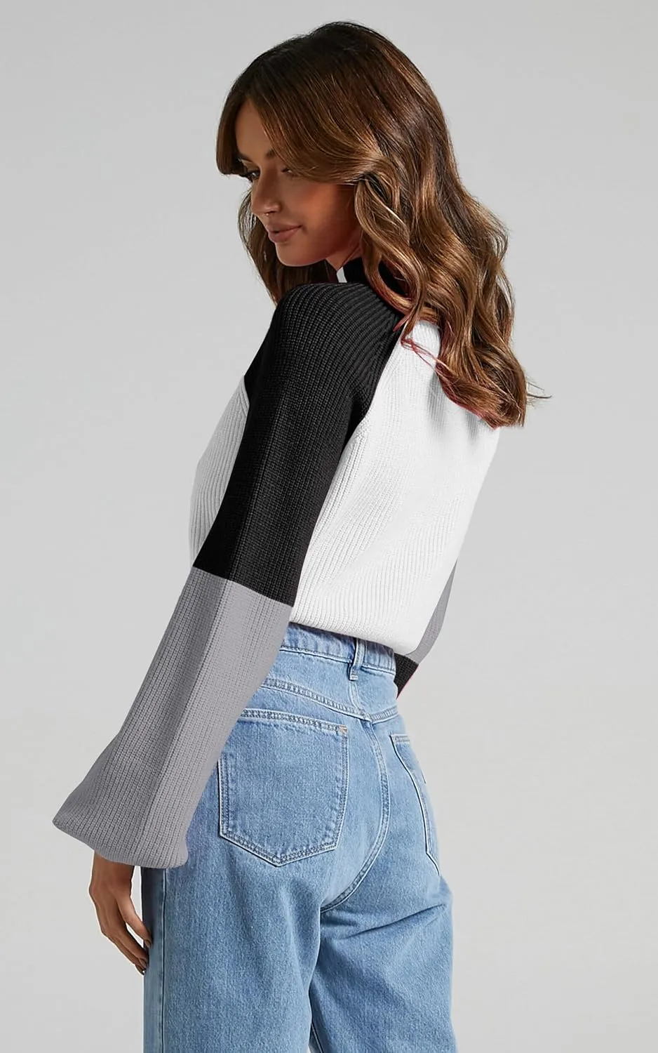 ZAFUL Women's Mock Neck Color Block Sweaters Knitted Pullover Jumper Tops Casual Lantern Sleeve Cropped Sweater