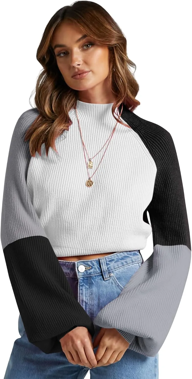 ZAFUL Women's Mock Neck Color Block Sweaters Knitted Pullover Jumper Tops Casual Lantern Sleeve Cropped Sweater
