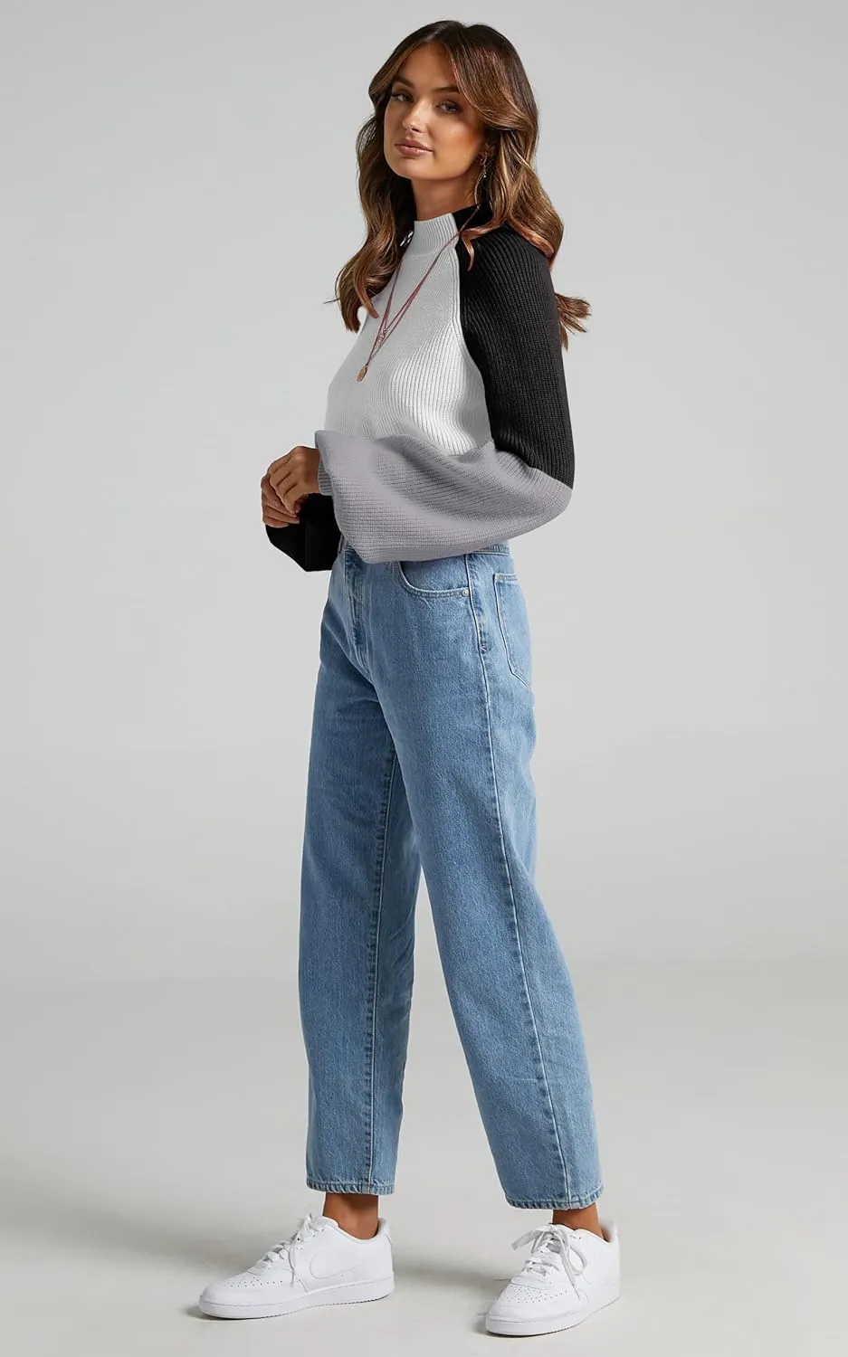 ZAFUL Women's Mock Neck Color Block Sweaters Knitted Pullover Jumper Tops Casual Lantern Sleeve Cropped Sweater