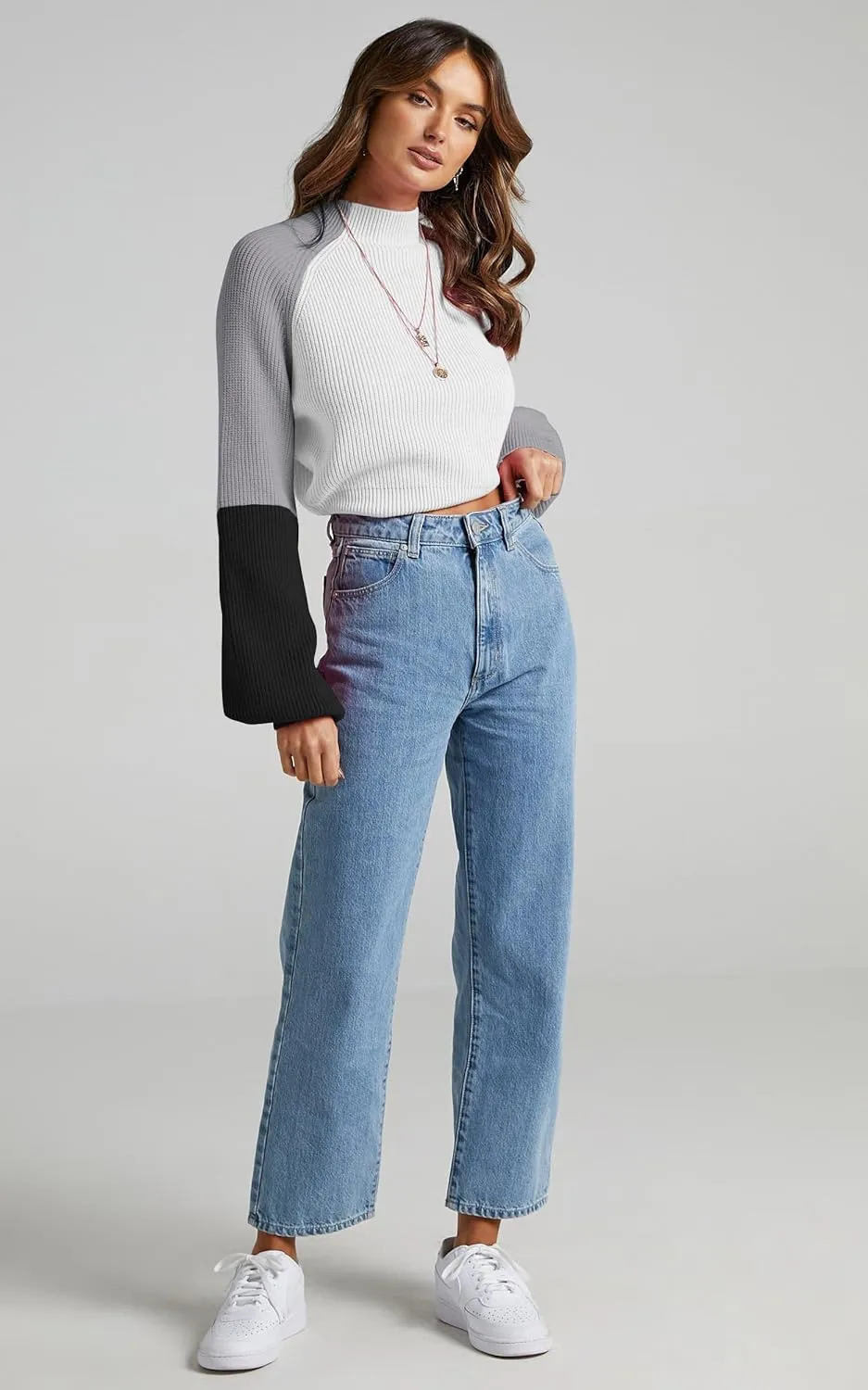 ZAFUL Women's Mock Neck Color Block Sweaters Knitted Pullover Jumper Tops Casual Lantern Sleeve Cropped Sweater